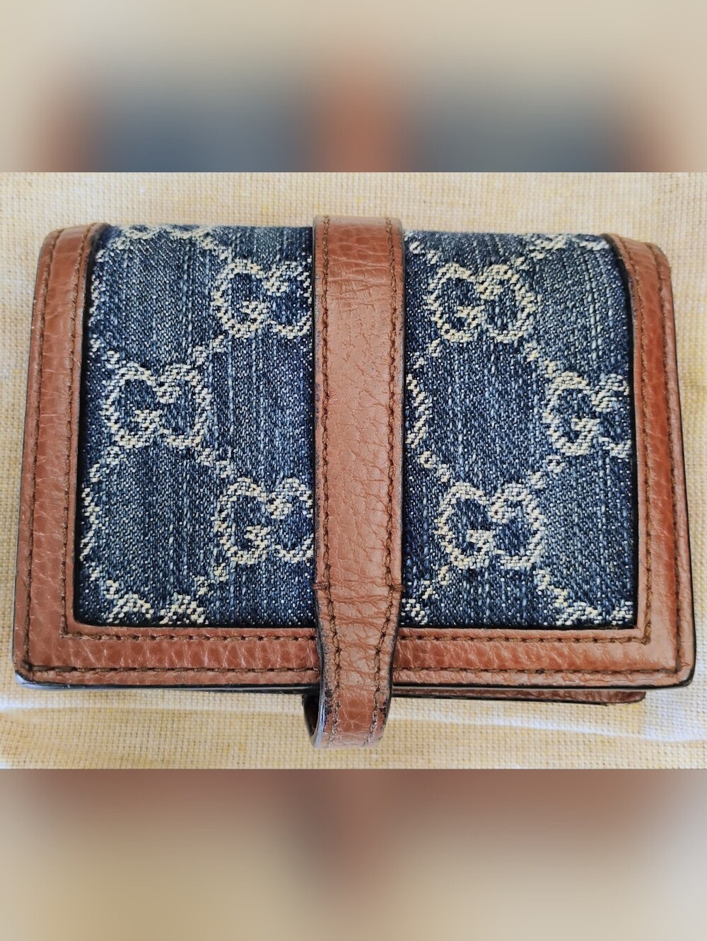 EUC Gucci Denim Monogram Wallet with Brown Leather Trim GHW - Picture 2 of 14